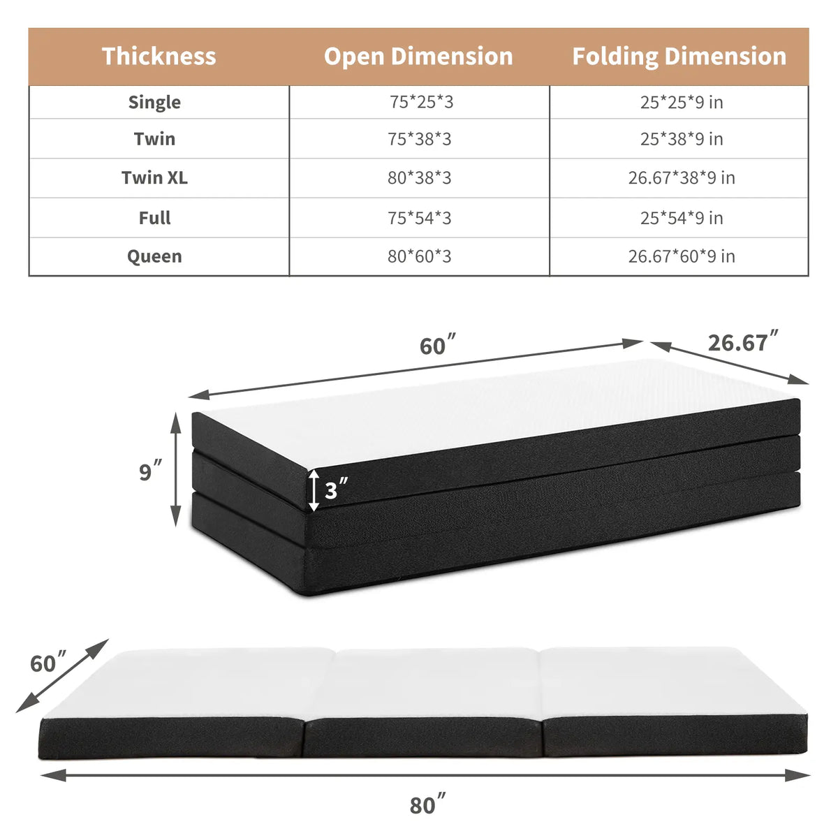 4 Inch Folding Mattress, Tri-fold Memory Foam Mattress Topper for Camping, Foldable Mattress Topper with Washable Cover,