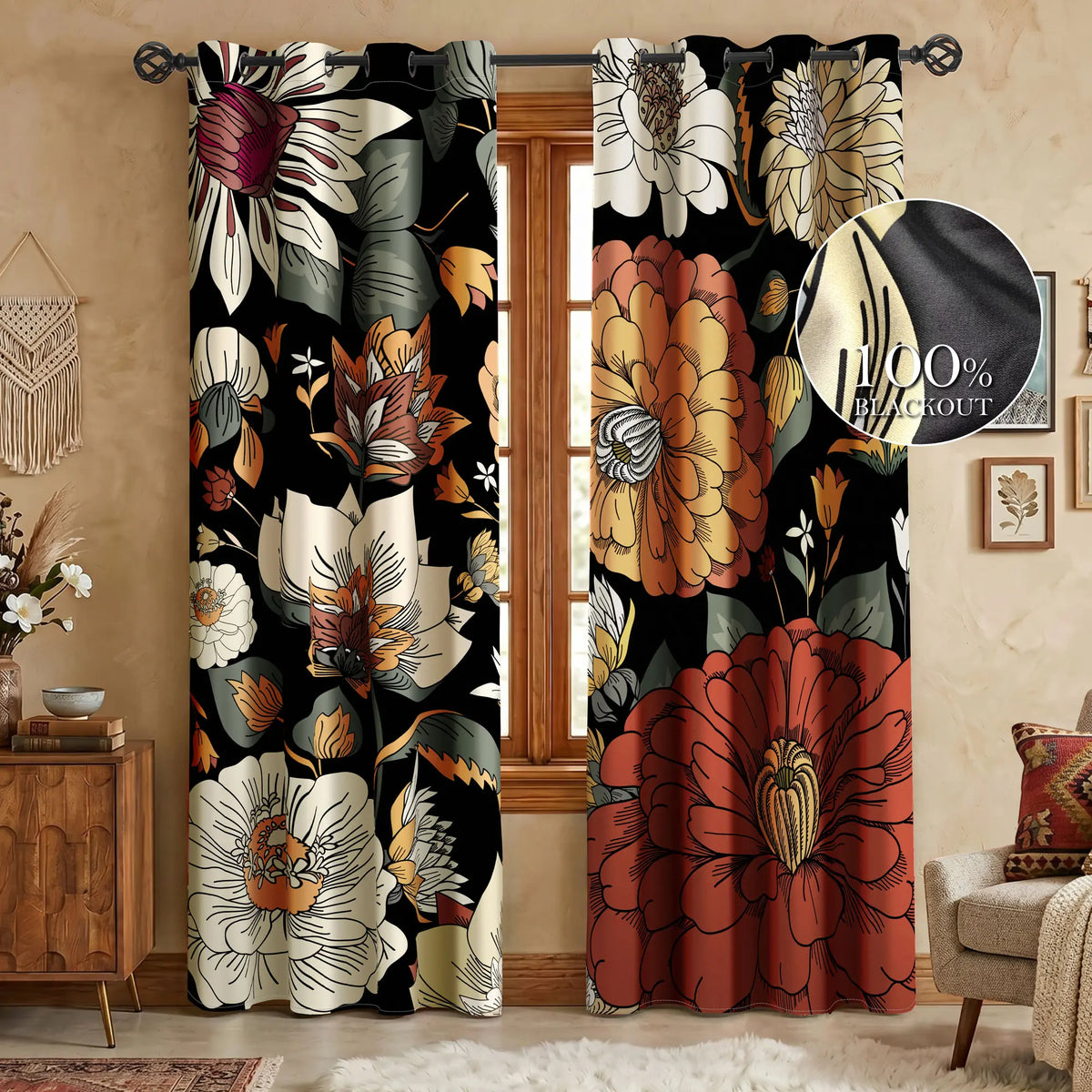 Boho Floral 100% Blackout Privacy Grommet Curtains - 2 Panels