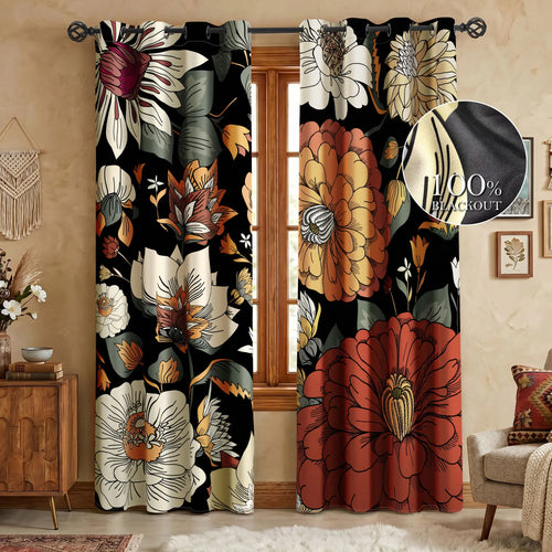 Boho Floral 100% Blackout Privacy Grommet Curtains - 2 Panels