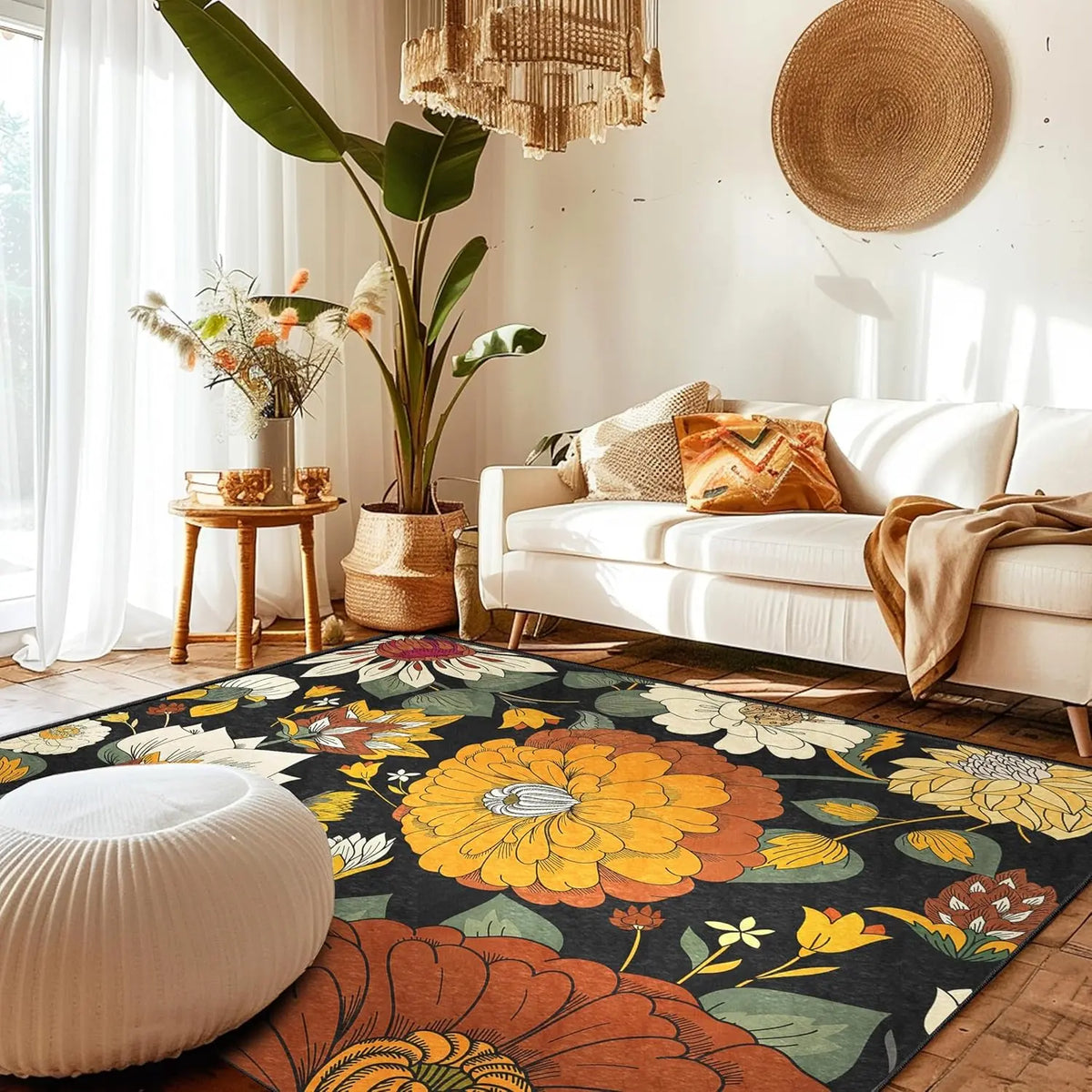 Boho Floral Washable Area Rug - Non-Slip, Ultra Soft Mid-Century Modern Room Decor Botanical Carpet for Living Room,