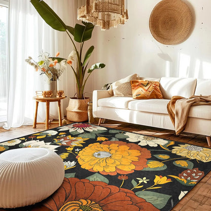 Boho Floral Washable Area Rug - Non-Slip, Ultra Soft Mid-Century Modern Room Decor Botanical Carpet for Living Room,
