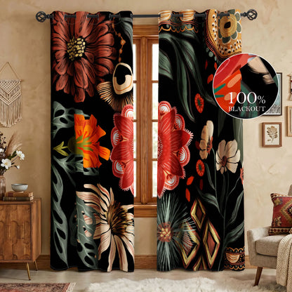 Boho Floral 100% Blackout Privacy Grommet Curtains - 2 Panels