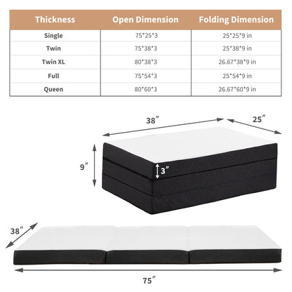 4 Inch Folding Mattress, Tri-fold Memory Foam Mattress Topper for Camping, Foldable Mattress Topper with Washable Cover,