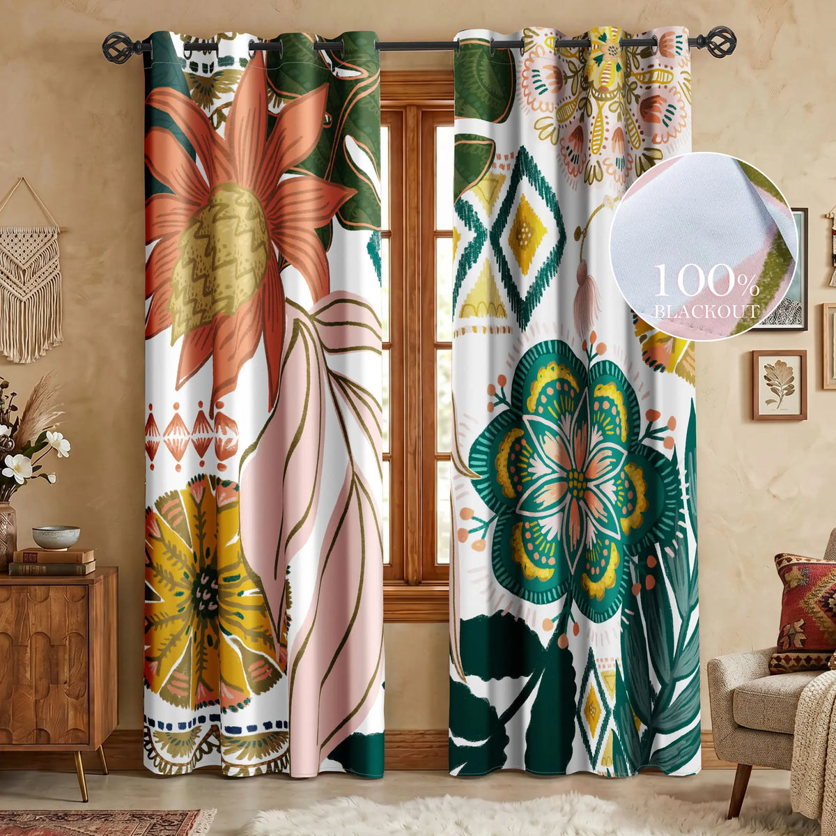 Boho Floral 100% Blackout Privacy Grommet Curtains - 2 Panels