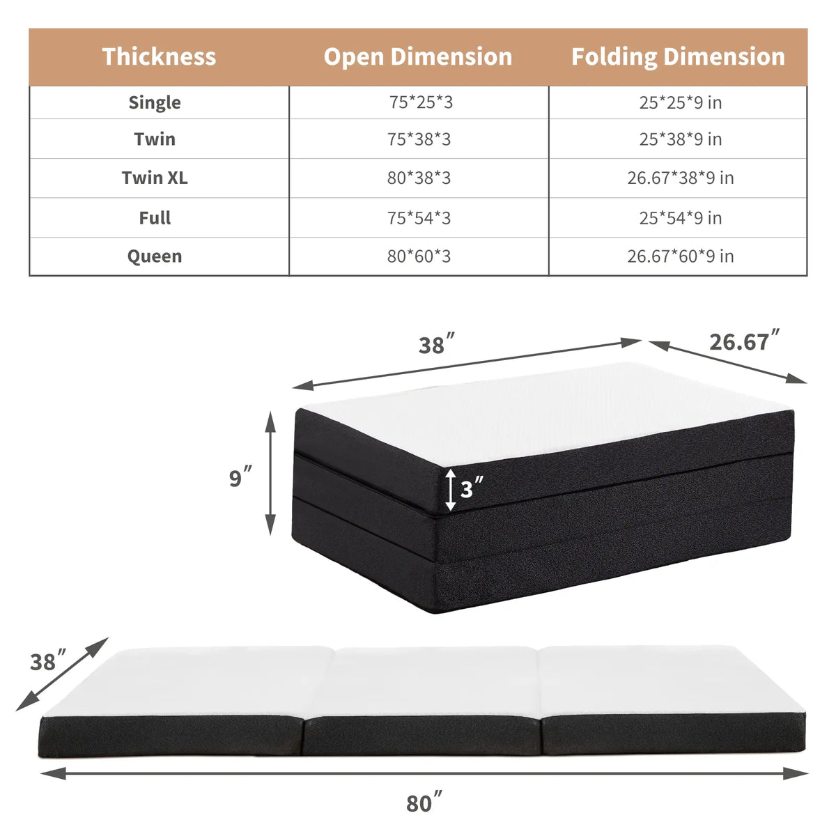 4 Inch Folding Mattress, Tri-fold Memory Foam Mattress Topper for Camping, Foldable Mattress Topper with Washable Cover,