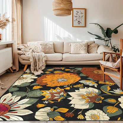 Boho Floral Washable Area Rug - Non-Slip, Ultra Soft Mid-Century Modern Room Decor Botanical Carpet for Living Room,