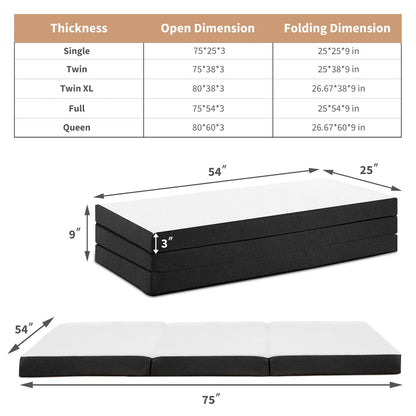 4 Inch Folding Mattress, Tri-fold Memory Foam Mattress Topper for Camping, Foldable Mattress Topper with Washable Cover,
