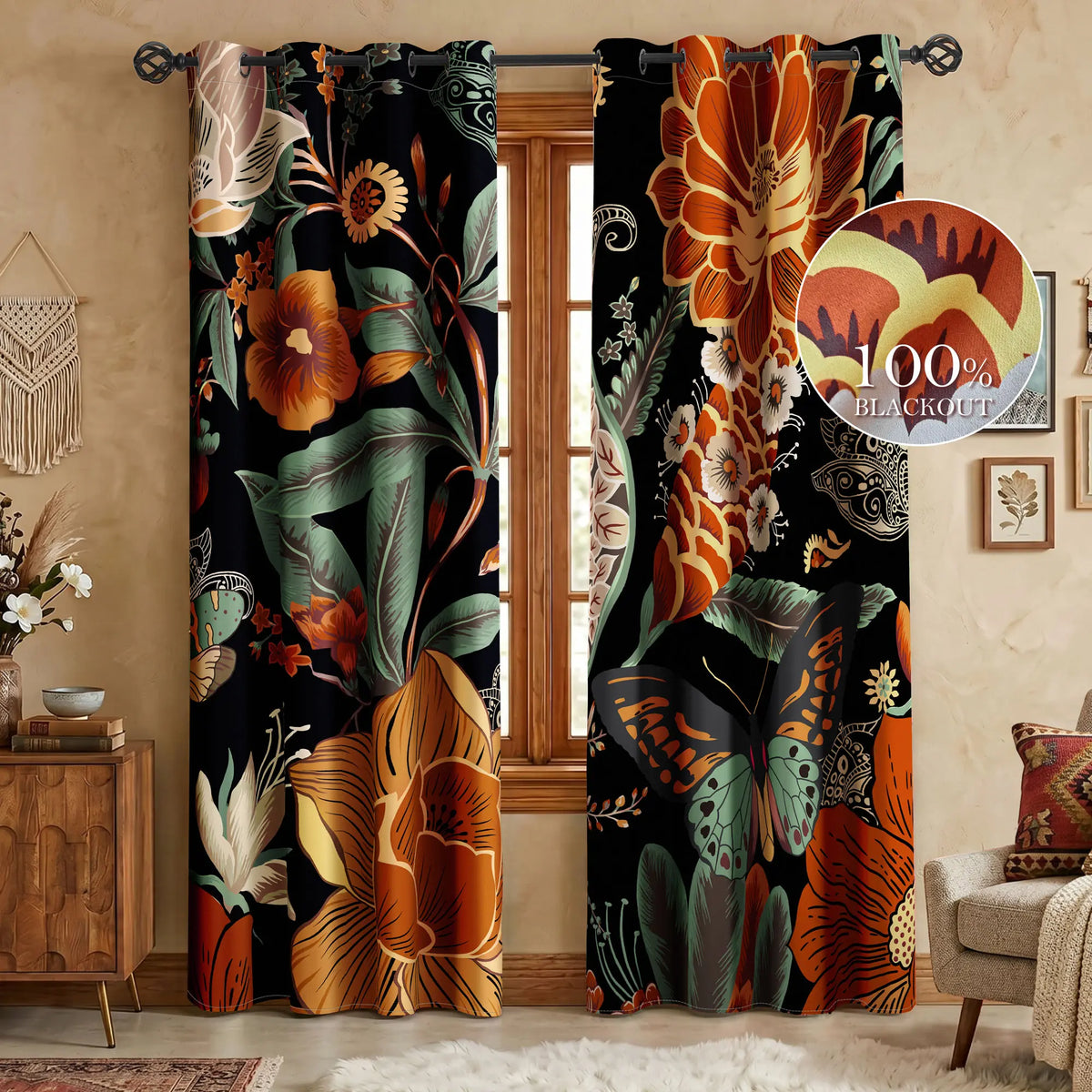 Boho Floral 100% Blackout Privacy Grommet Curtains - 2 Panels