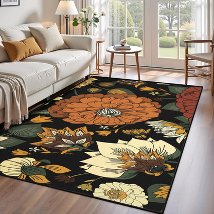 Boho Floral Washable Area Rug - Non-Slip, Ultra Soft Mid-Century Modern Room Decor Botanical Carpet for Living Room,