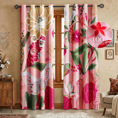 Boho Floral 100% Blackout Privacy Grommet Curtains - 2 Panels