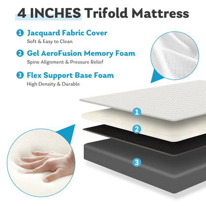 4 Inch Folding Mattress, Tri-fold Memory Foam Mattress Topper for Camping, Foldable Mattress Topper with Washable Cover,