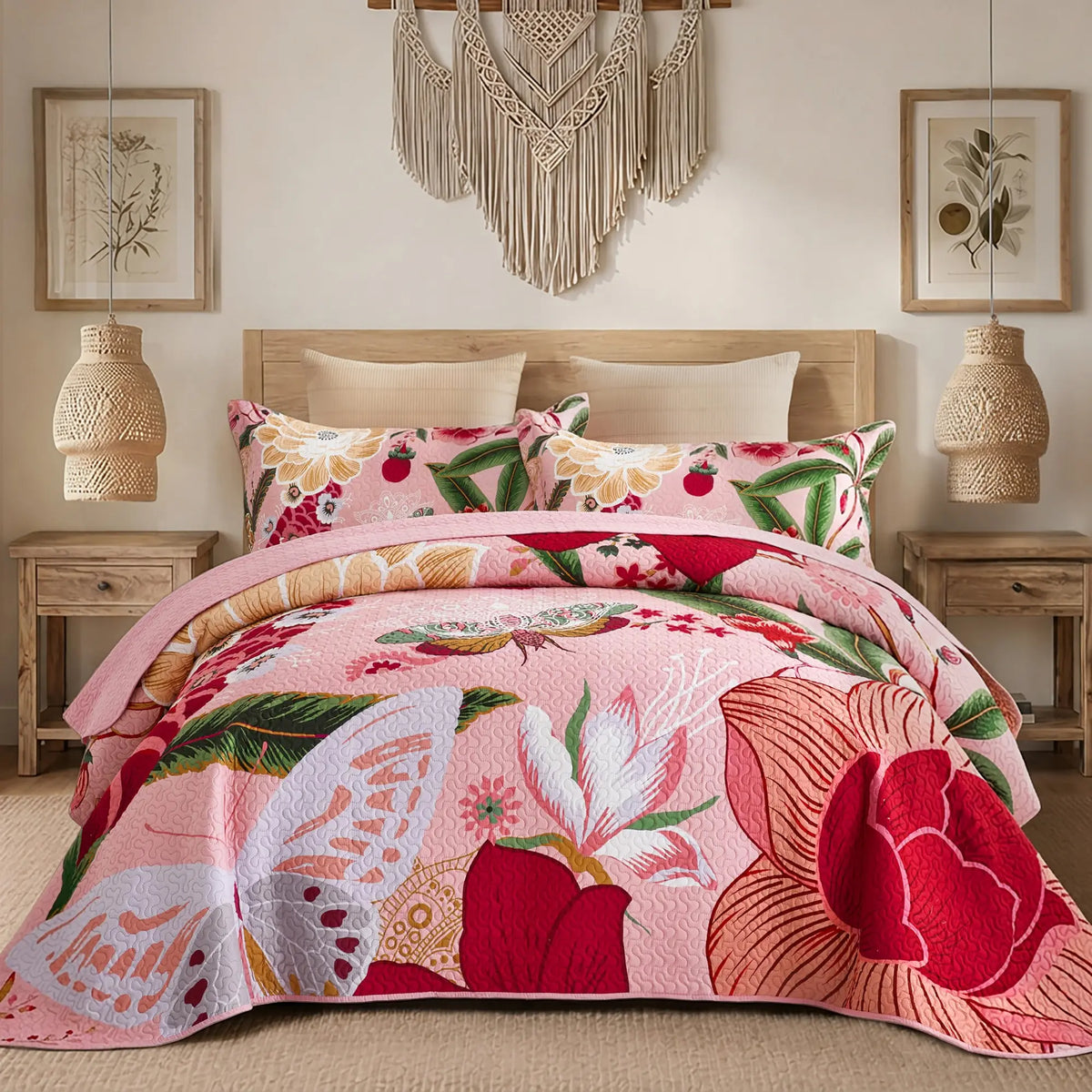 Boho Floral Quilt Set 3-Piece — Reversible Lightweight Bedspread with 2 Shams
