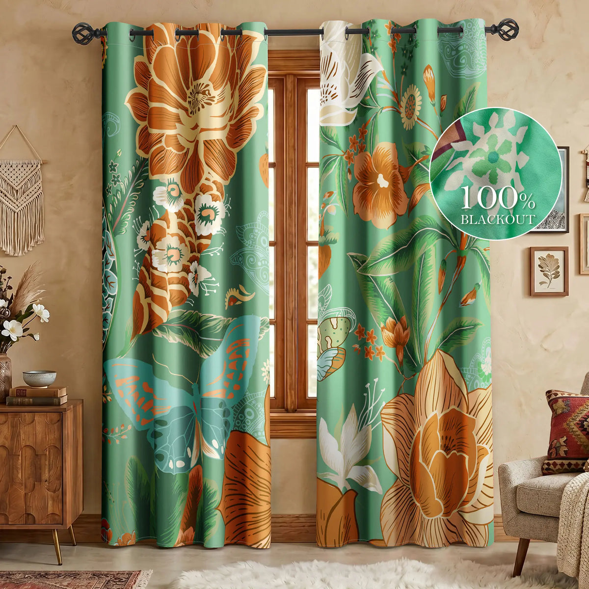 Boho Floral 100% Blackout Privacy Grommet Curtains - 2 Panels
