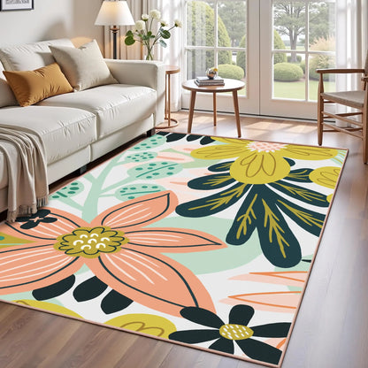 Boho Floral Washable Area Rug - Non-Slip, Ultra Soft Mid-Century Modern Room Decor Botanical Carpet for Living Room,
