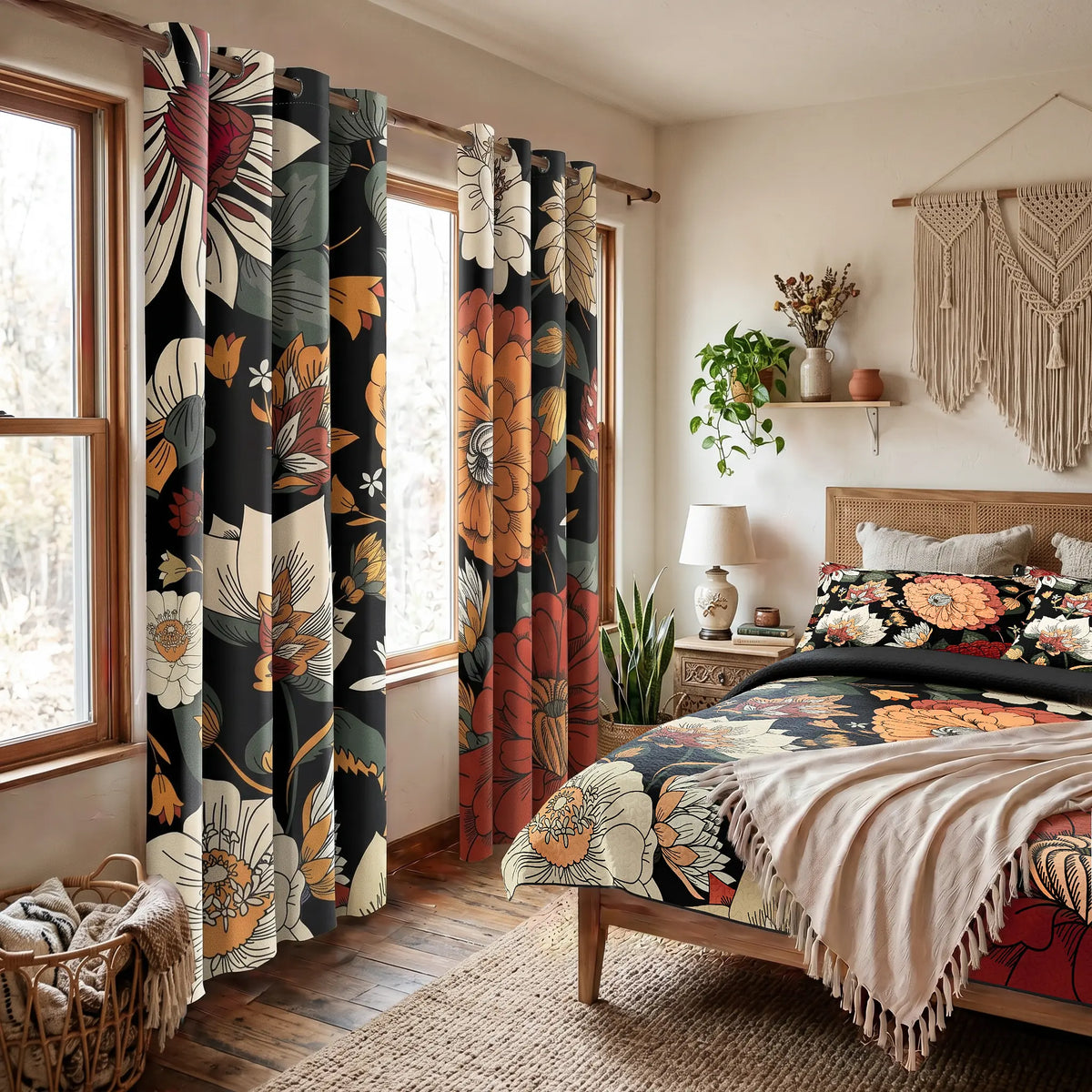 Boho Floral 100% Blackout Privacy Grommet Curtains - 2 Panels