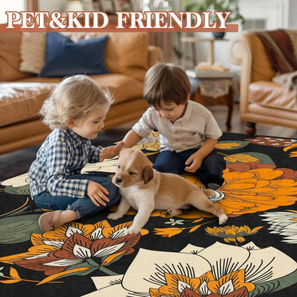 Boho Floral Washable Area Rug - Non-Slip, Ultra Soft Mid-Century Modern Room Decor Botanical Carpet for Living Room,