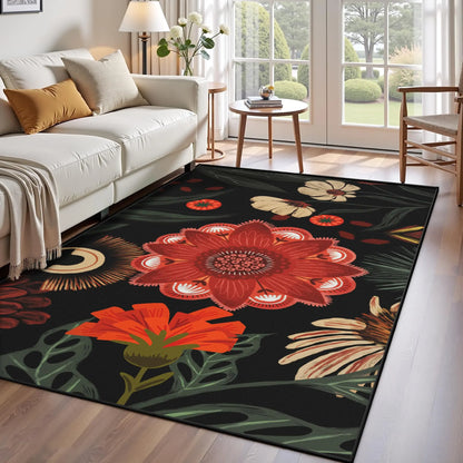 Boho Floral Washable Area Rug - Non-Slip, Ultra Soft Mid-Century Modern Room Decor Botanical Carpet for Living Room,