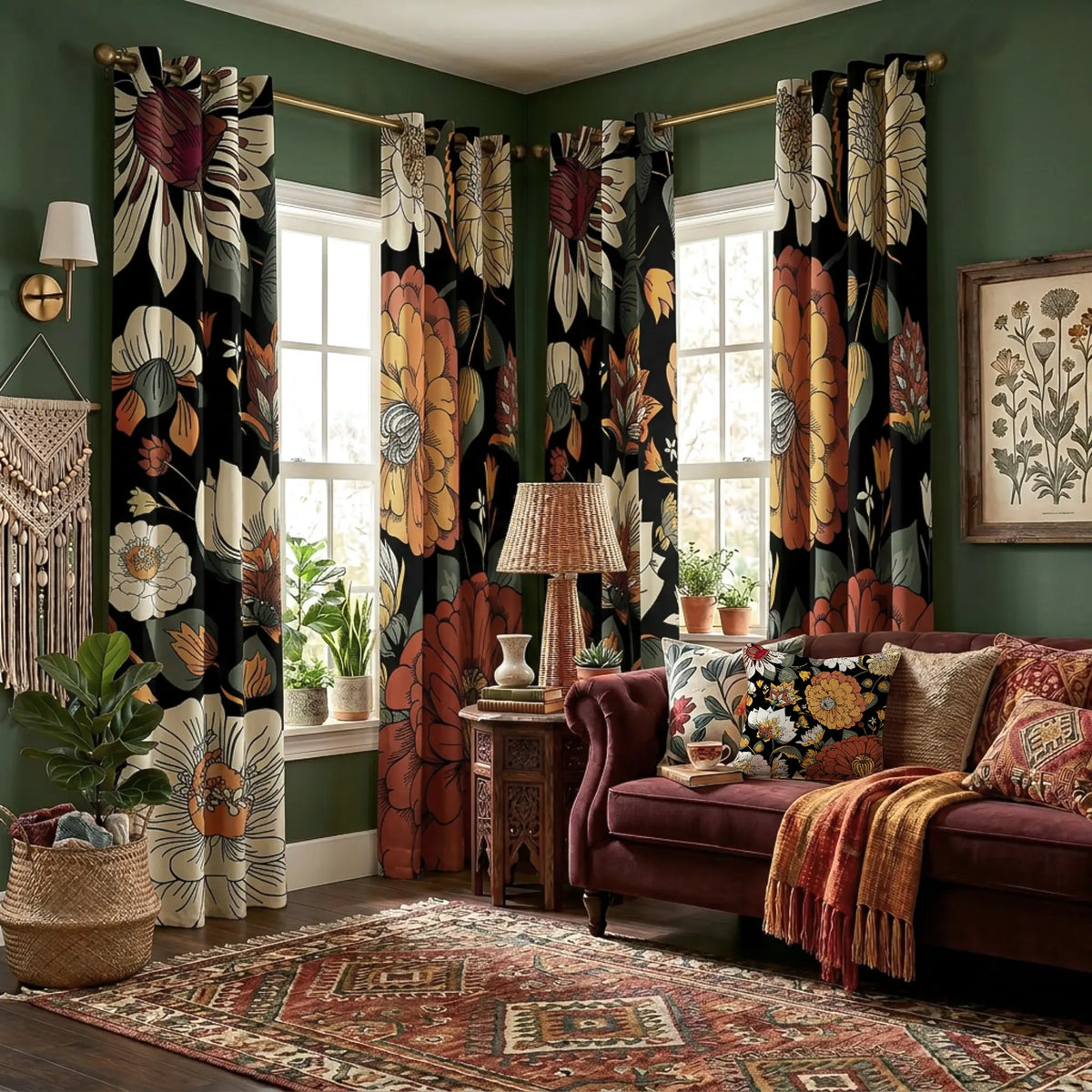 Boho Floral 100% Blackout Privacy Grommet Curtains - 2 Panels