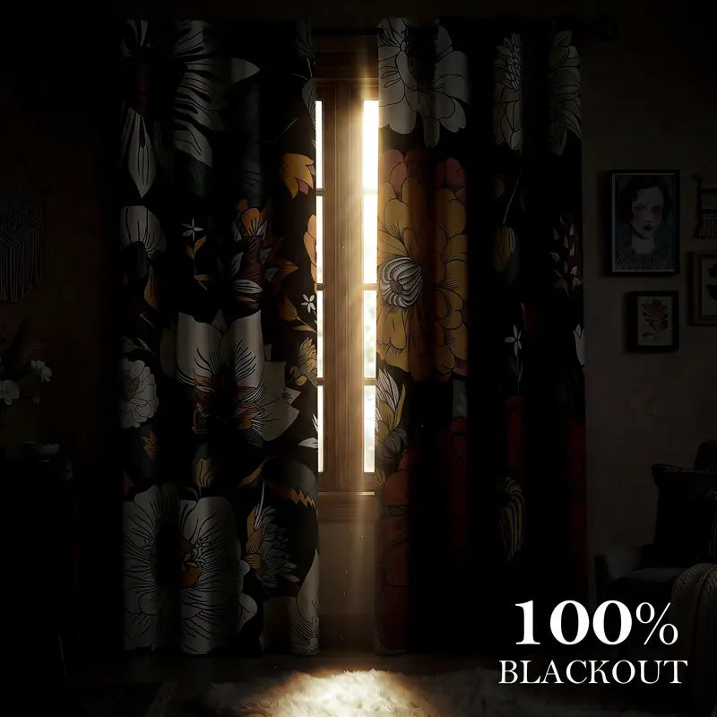 Boho Floral 100% Blackout Privacy Grommet Curtains - 2 Panels