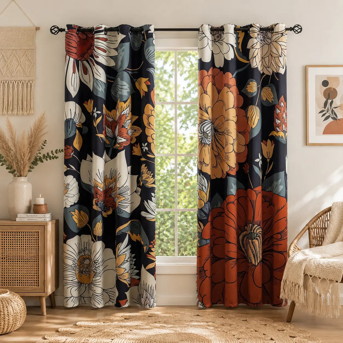Boho Floral 100% Blackout Privacy Grommet Curtains - 2 Panels