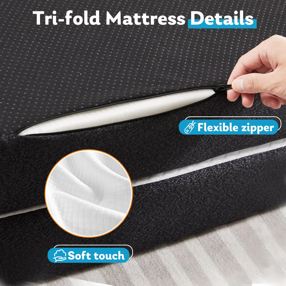 4 Inch Folding Mattress, Tri-fold Memory Foam Mattress Topper for Camping, Foldable Mattress Topper with Washable Cover,