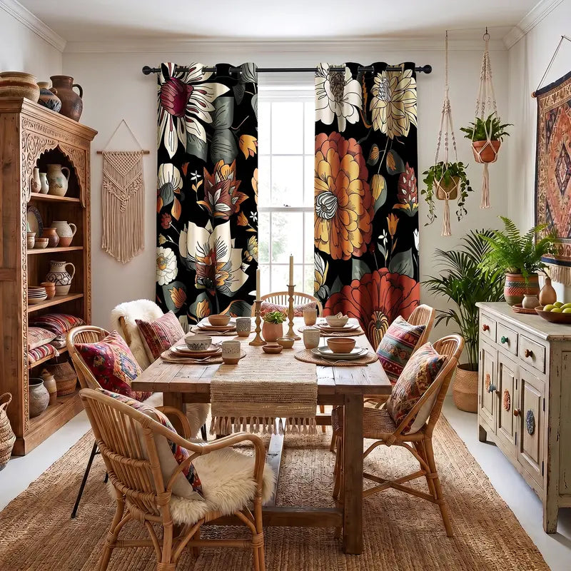 Boho Floral 100% Blackout Privacy Grommet Curtains - 2 Panels