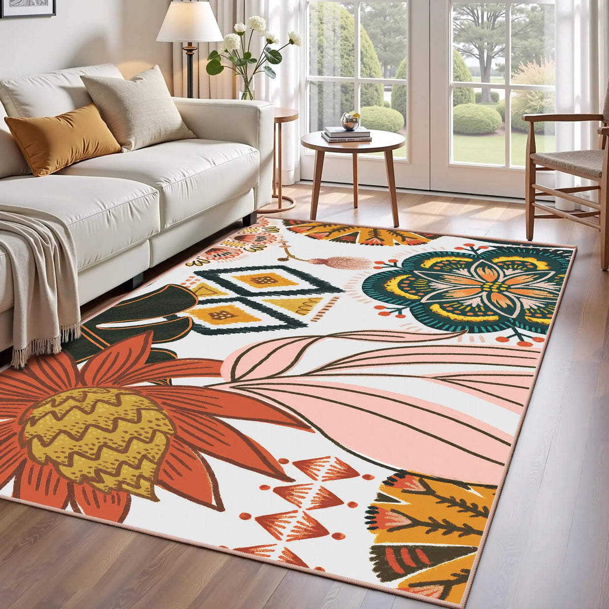 Boho Floral Washable Area Rug - Non-Slip, Ultra Soft Mid-Century Modern Room Decor Botanical Carpet for Living Room,